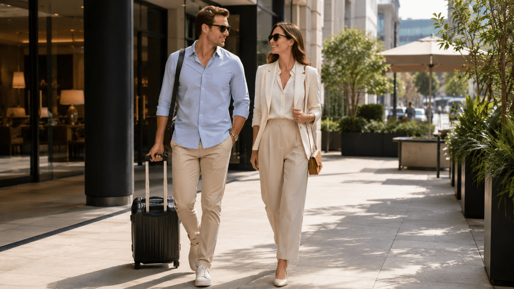 smart casual travel outfit with comfortable layers and stylish casual clothing for a modern trip