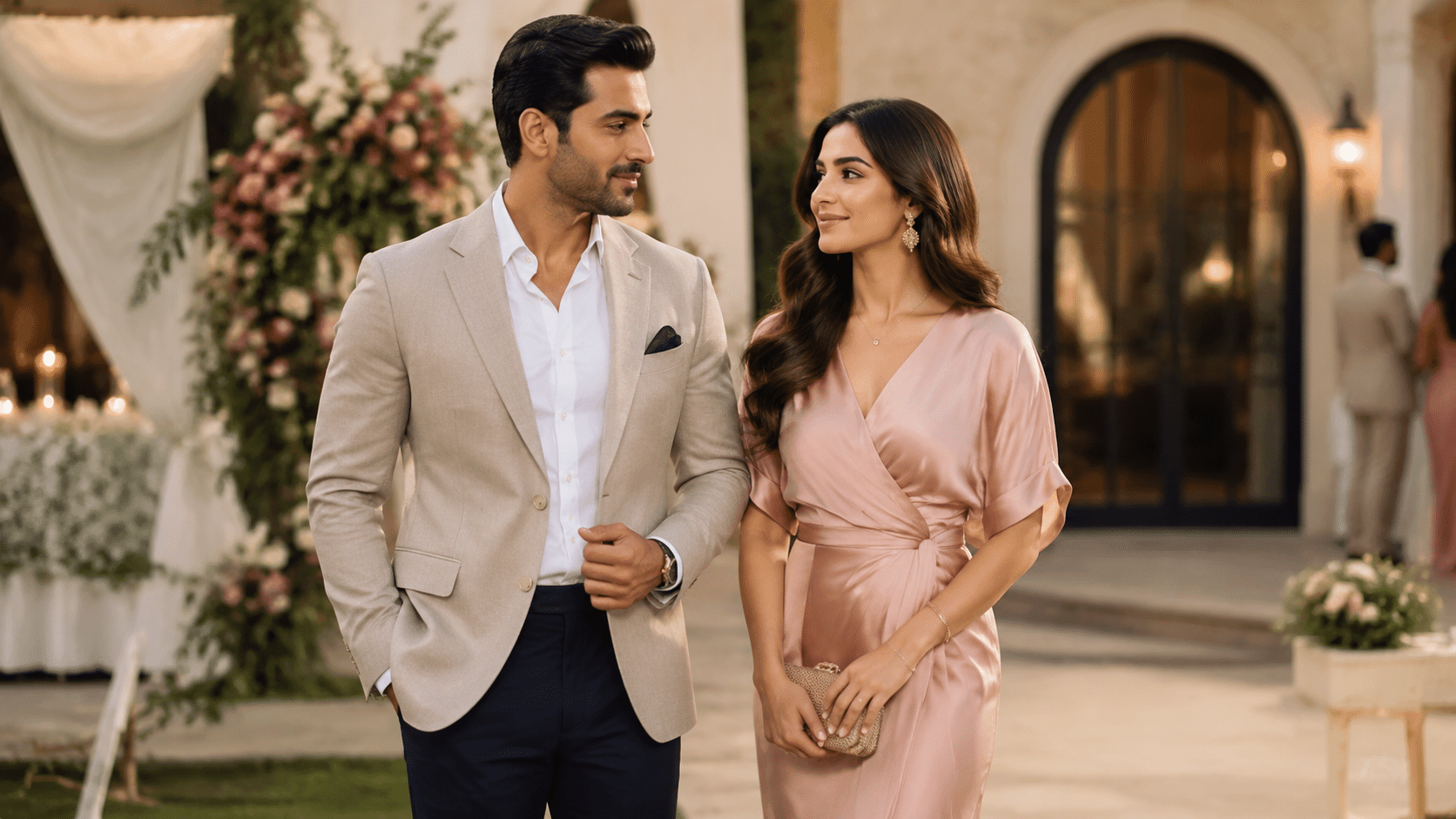 smart casual wedding guest outfits with blazer dress and outdoor event setting