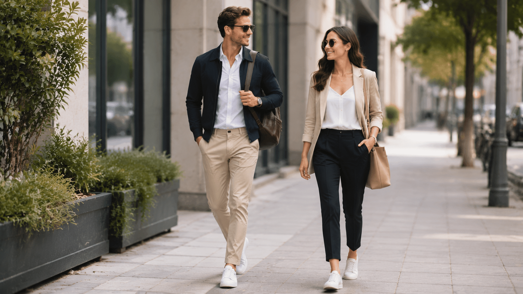 smart casual work outfit in a modern office with blazer trousers and laptop setup