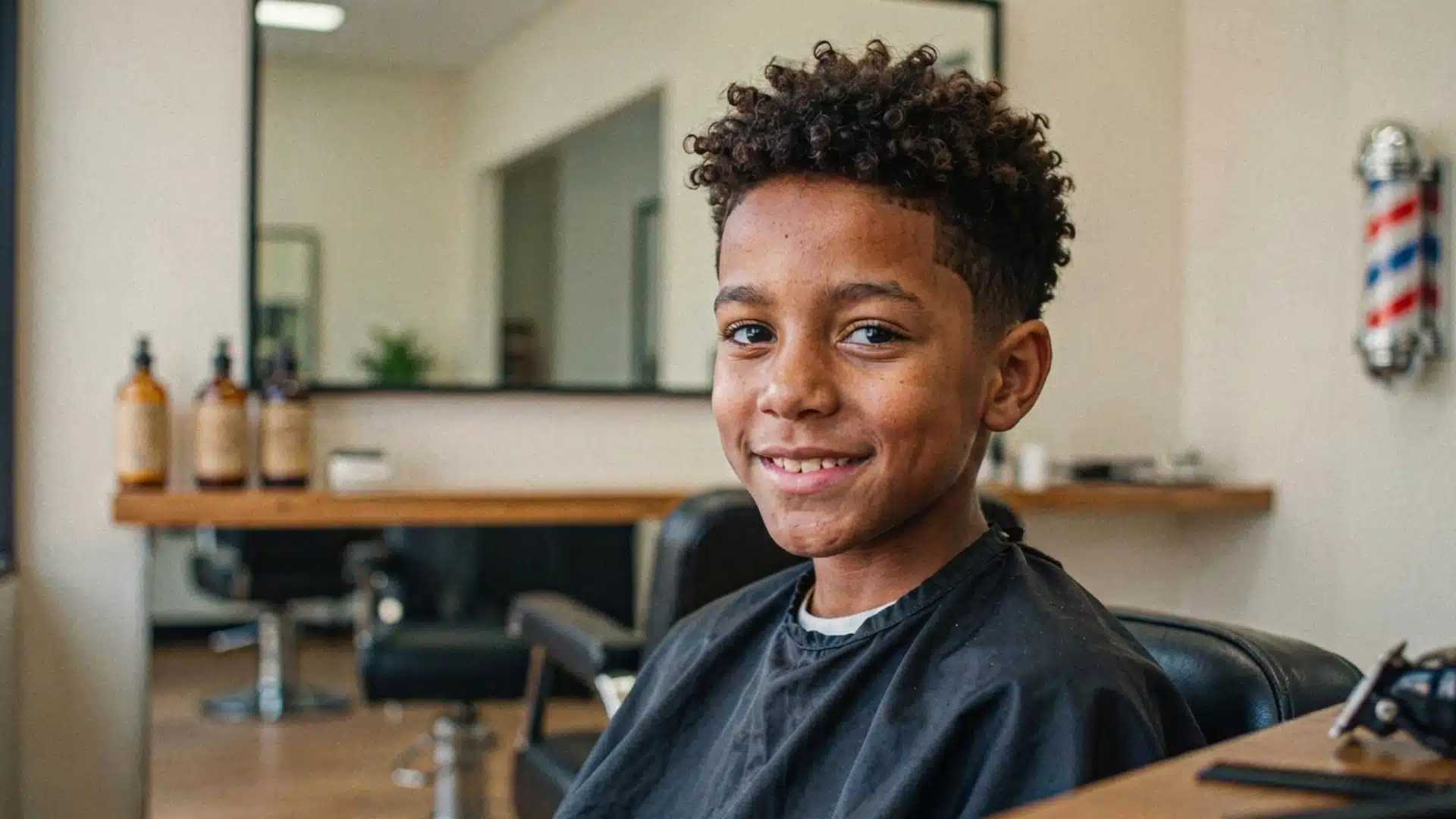 smiling black boy with a curly fade haircut seated in a barbershop wearing a black barber cape