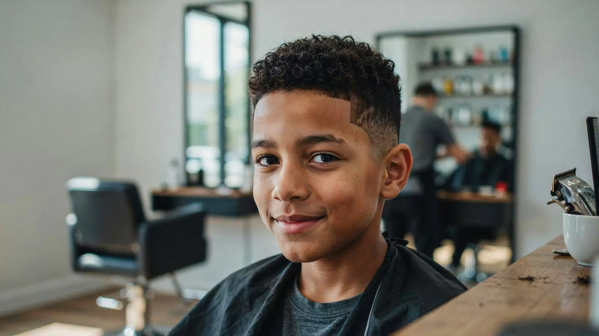 smiling boy with a box fade haircut and short curly hair seated in a modern barbershop wearing a barber cape