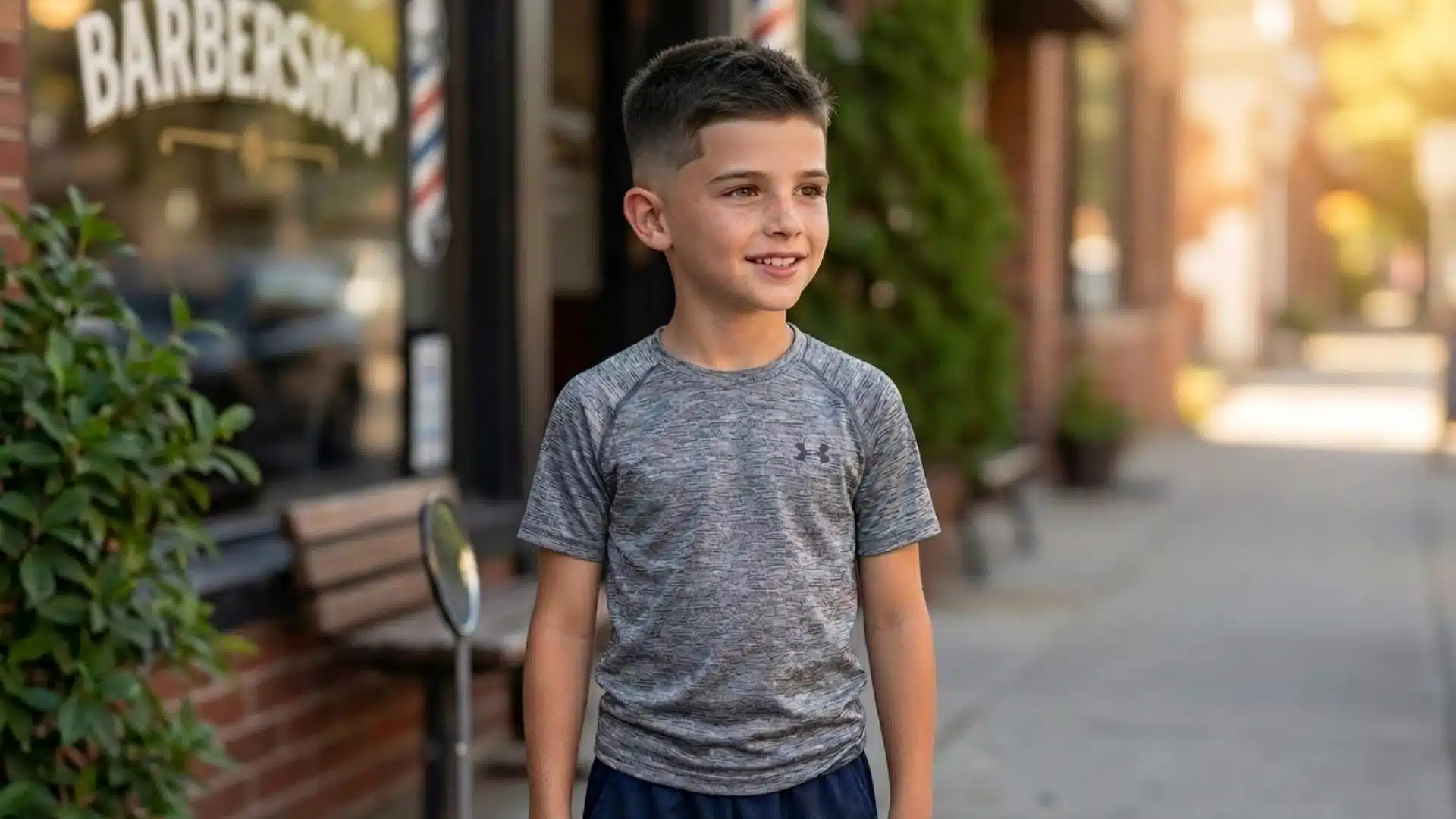 smiling boy with a crew cut fade haircut wearing a gray athletic shirt outside a neighborhood barbershop