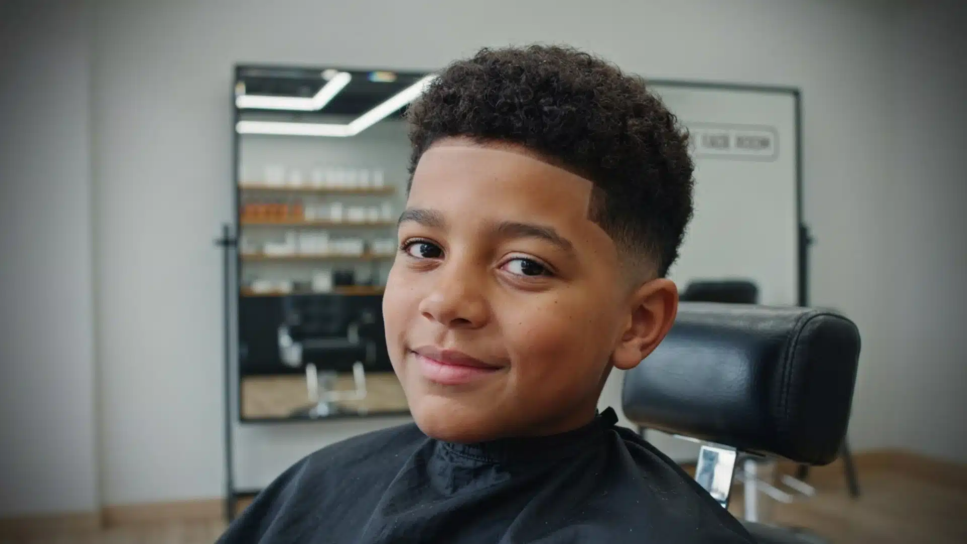smiling boy with a curly afro fade haircut seated in a barber chair inside a clean modern barbershop