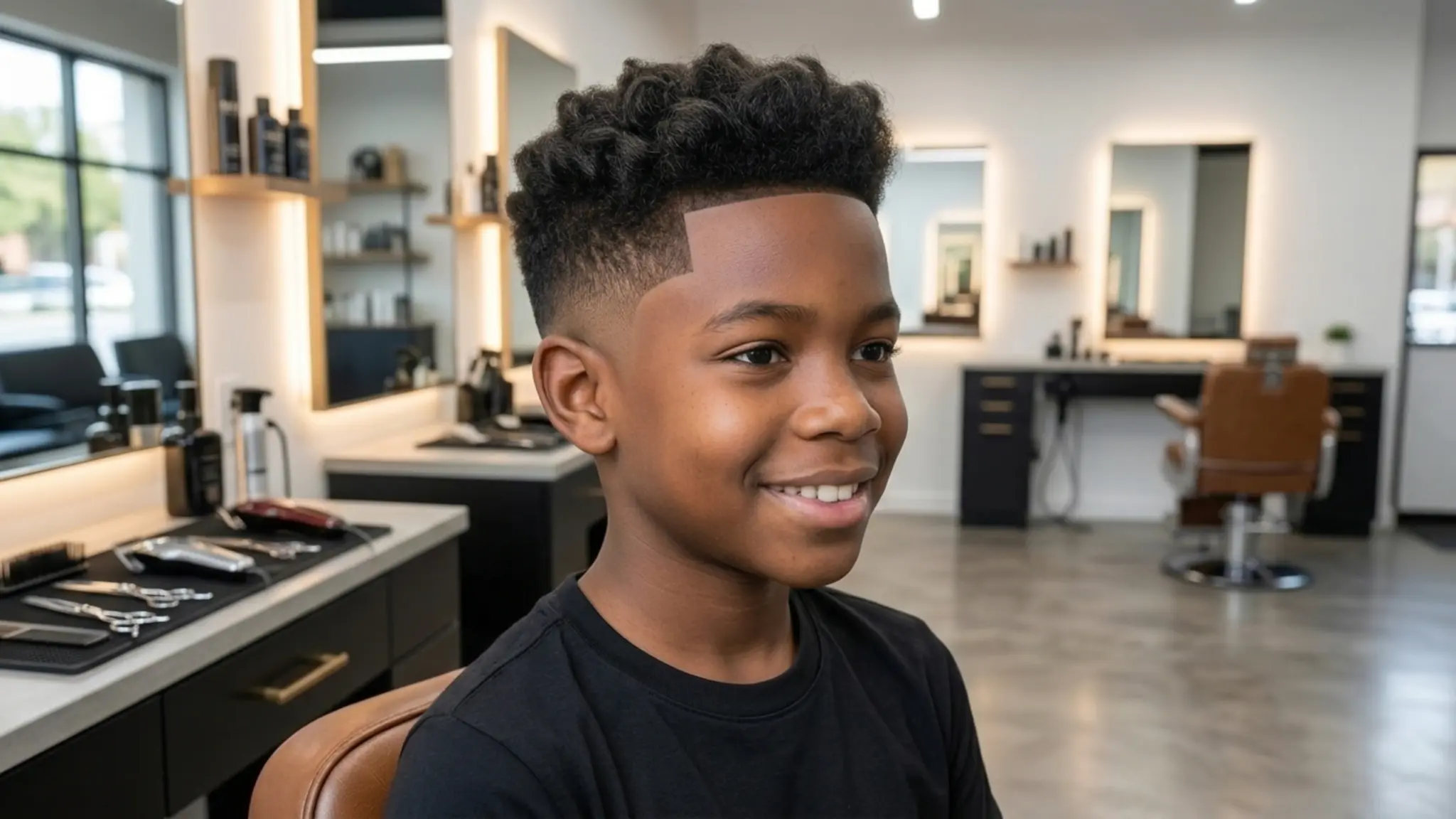 smiling boy with a drop fade haircut and curly dark hair seated in a clean modern barbershop