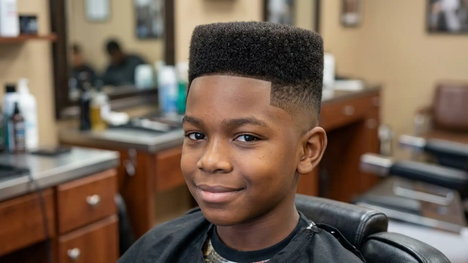 smiling boy with a flat top fade haircut and sharp lineup seated in a classic neighborhood barbershop