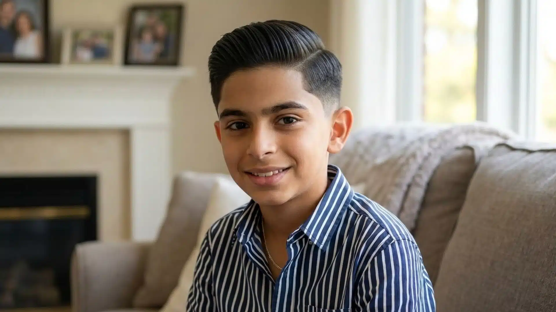 smiling boy with a side part fade haircut and neatly combed dark hair wearing a striped shirt at home