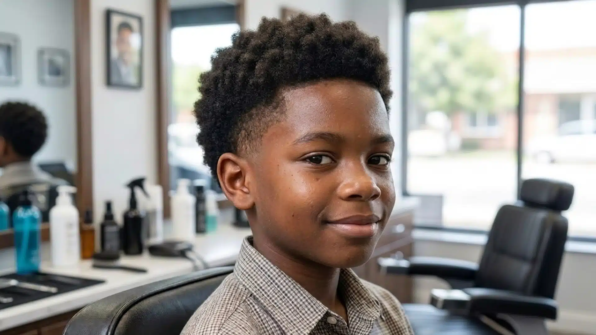 smiling boy with a temple fade haircut and textured curly hair seated inside a bright modern barbershop