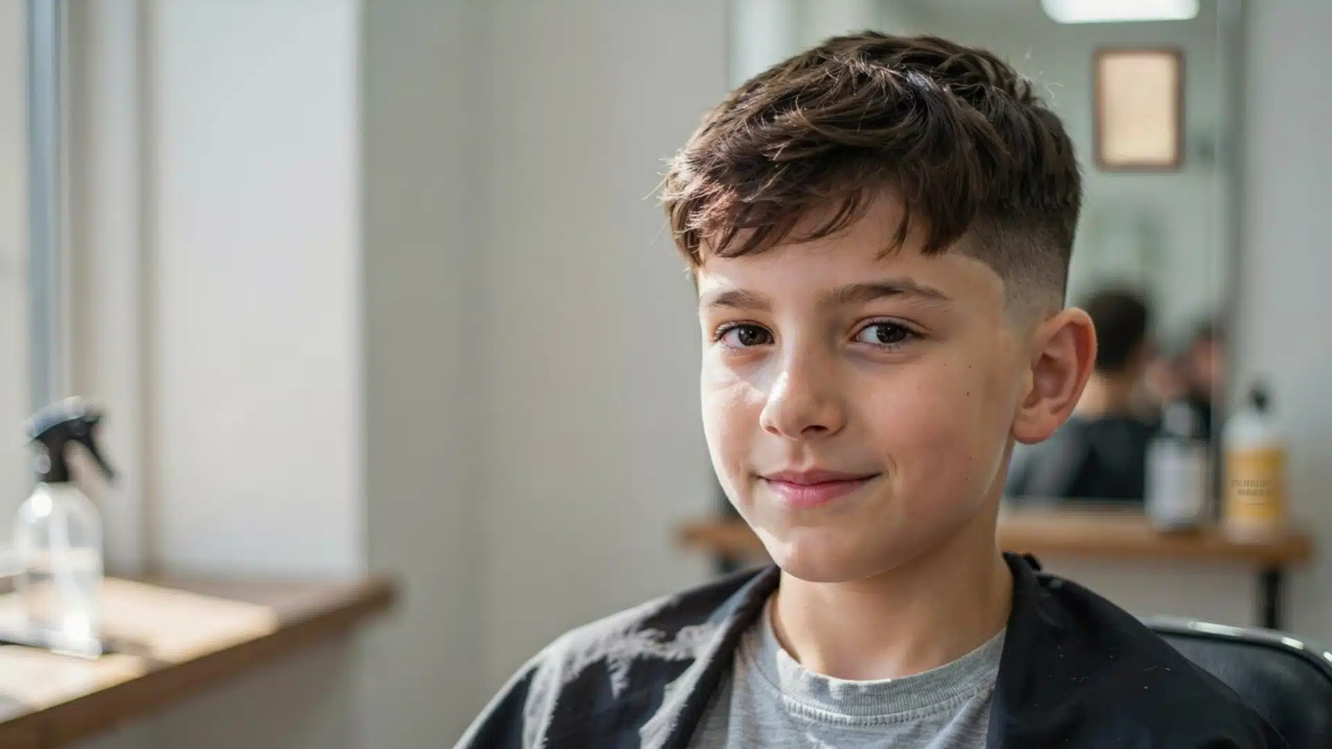 smiling boy with an undercut fade haircut and textured brown hair seated inside a bright modern barbershop