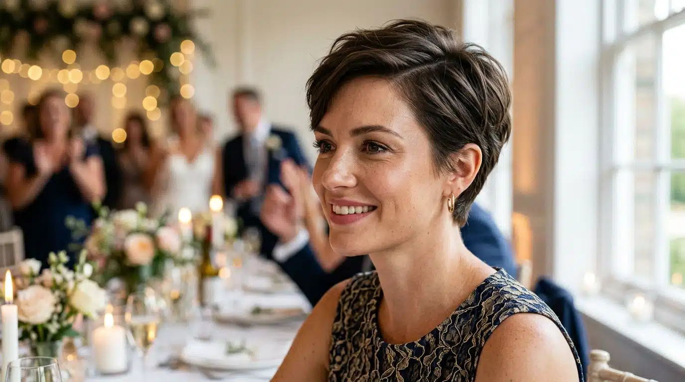 smiling wedding guest with a textured side parted pixie seated at a bright reception table with floral decor nearby