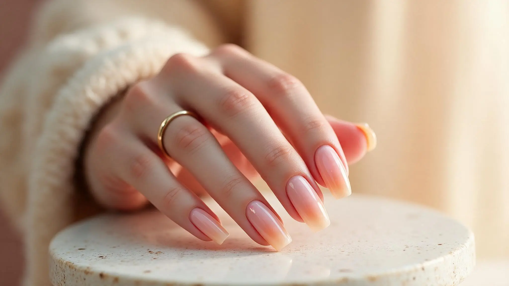 soft glazed chrome nails with a subtle pearly glow on a natural hand in warm light