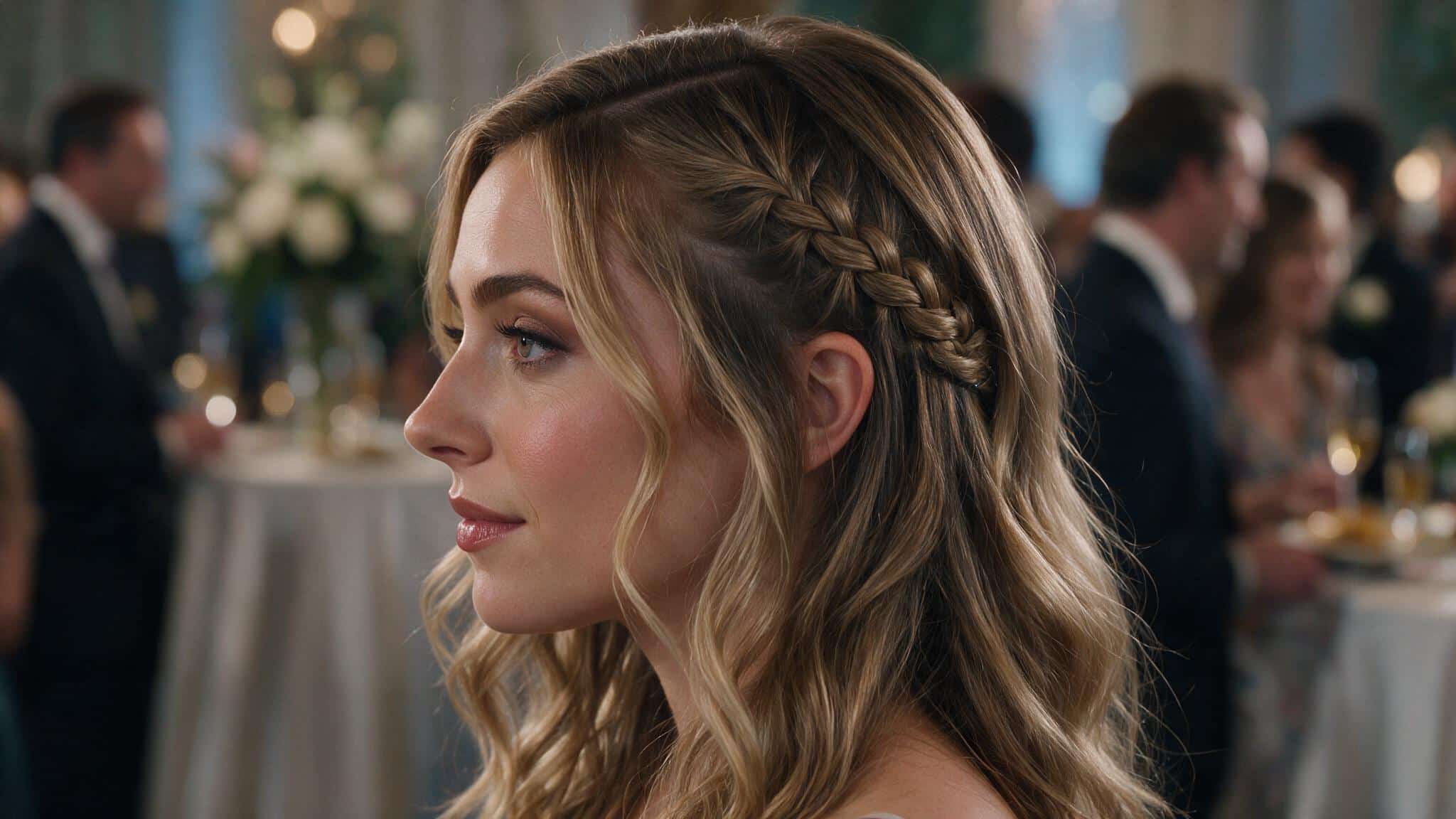 soft wedding guest waves with a narrow side braid pinned neatly behind the ear