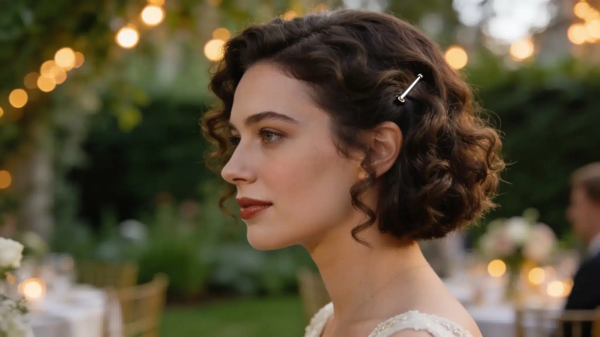 softly curled wedding guest bob secured above one ear with a small side clip