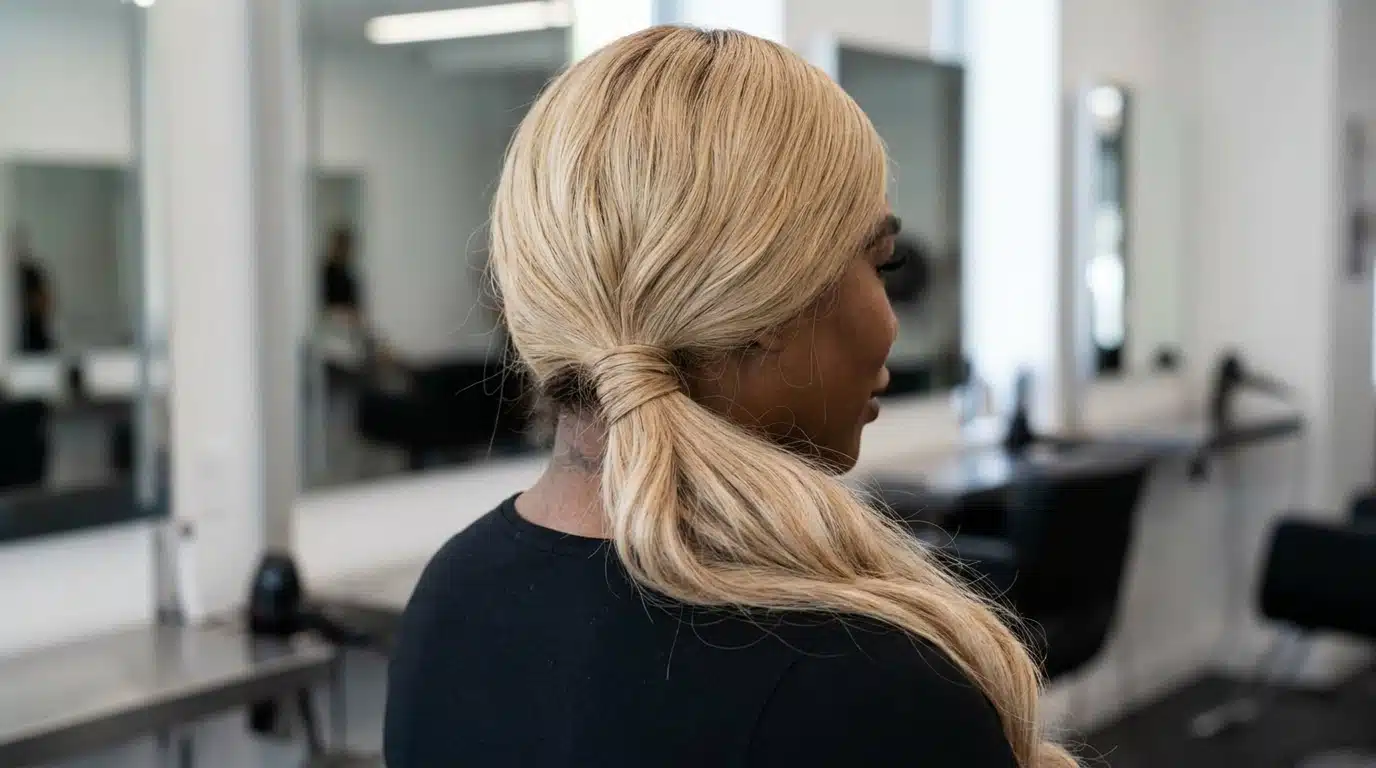 soft side ponytail hairstyle falling over shoulder with natural waves
