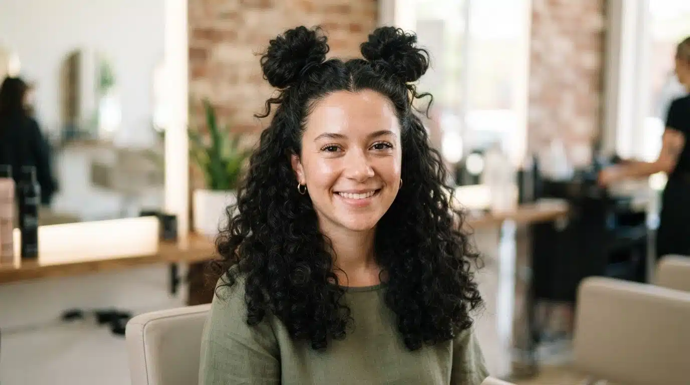 space bun half up style with textured black curls in salon