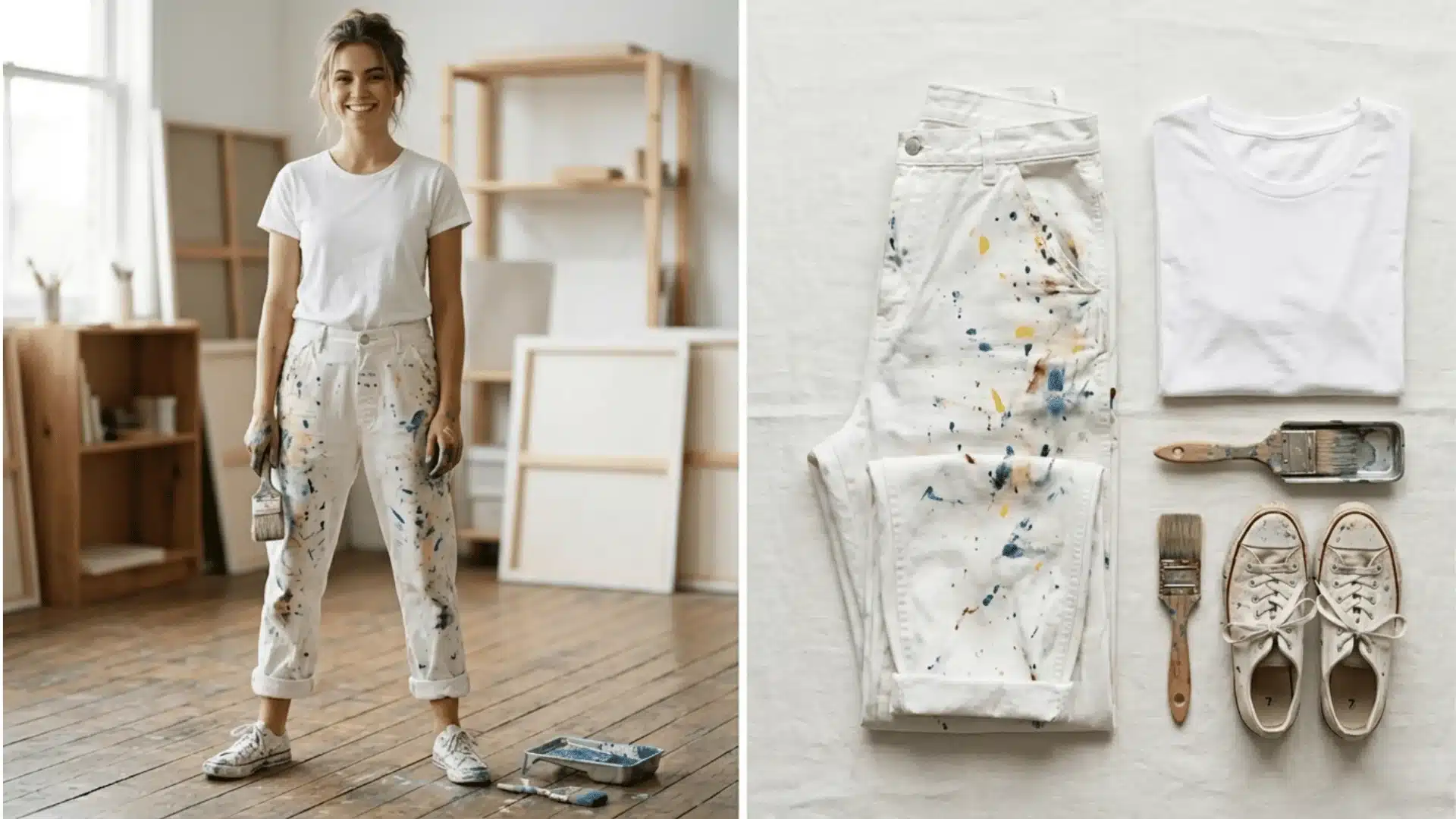 Split-screen image of a woman in an art studio and a flat lay of her DIY painter outfit with paint-splattered jeans