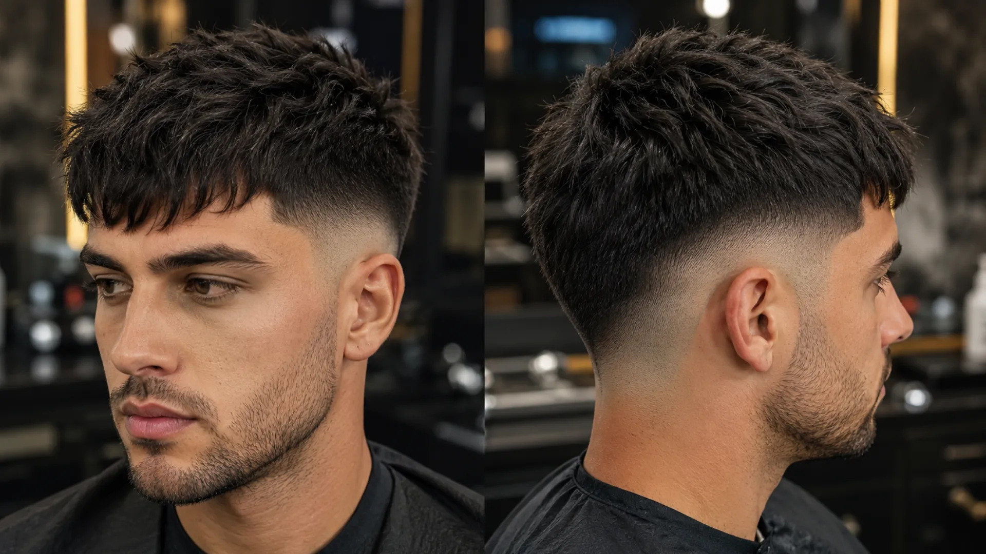 Split image showing the front and side view of a man with a textured crop haircut and a high skin fade