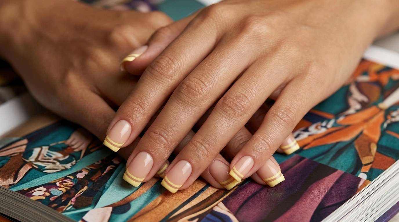 square nails with double line yellow french manicure on olive skin tone