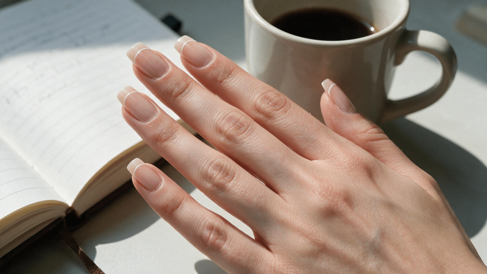 squoval nails with nude pink polish and thread thin white french tips beside a notebook and ceramic coffee mug in daylight