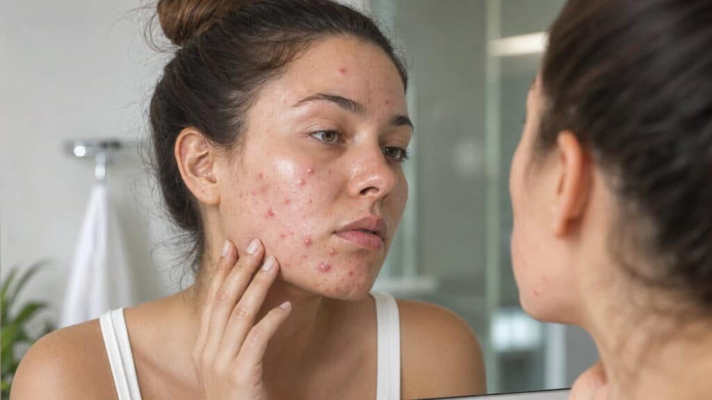 woman examining skin during skincare routine and adjustment period