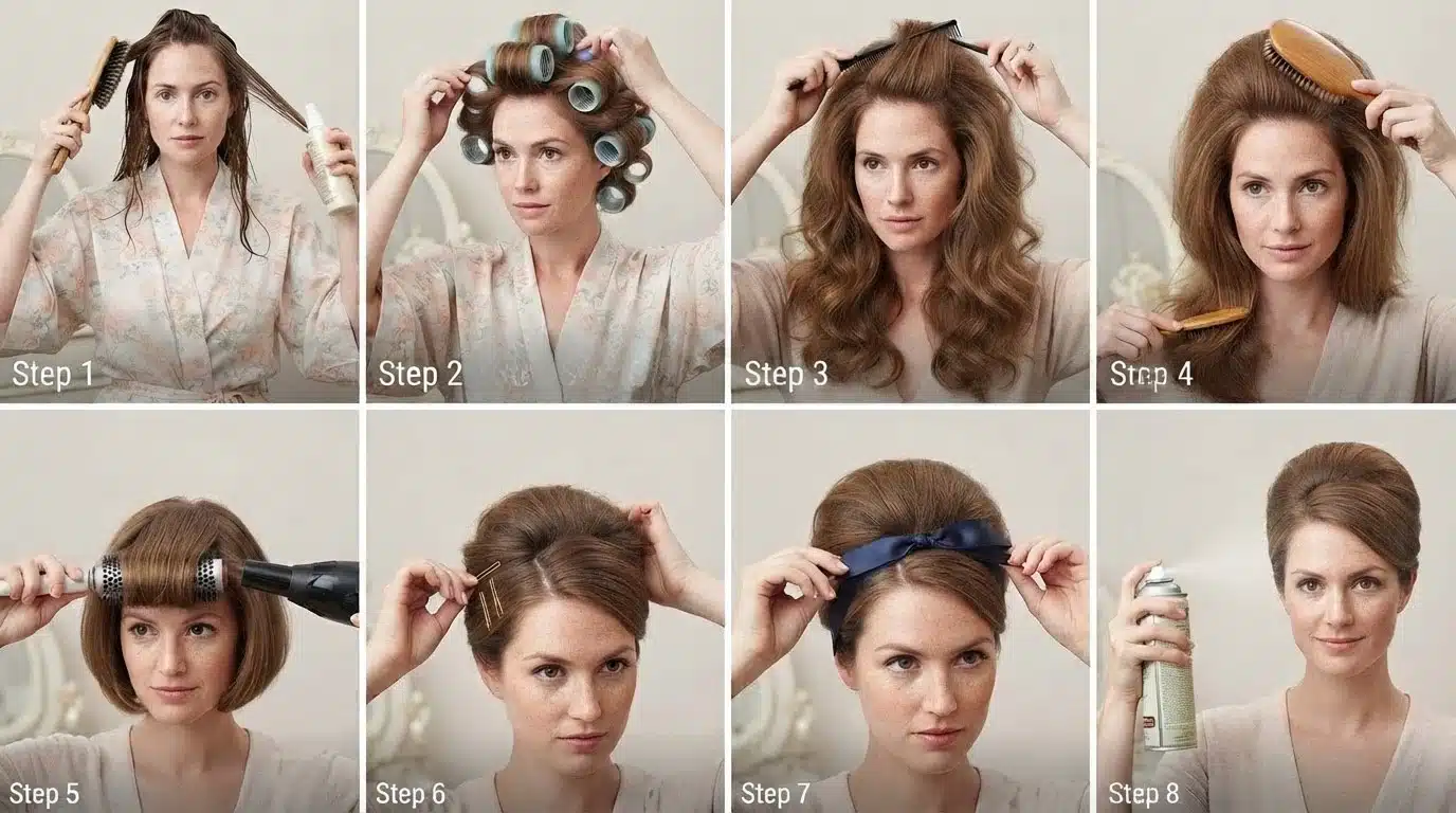 step by step 1960s hairstyle tutorial with white american woman in eight panels