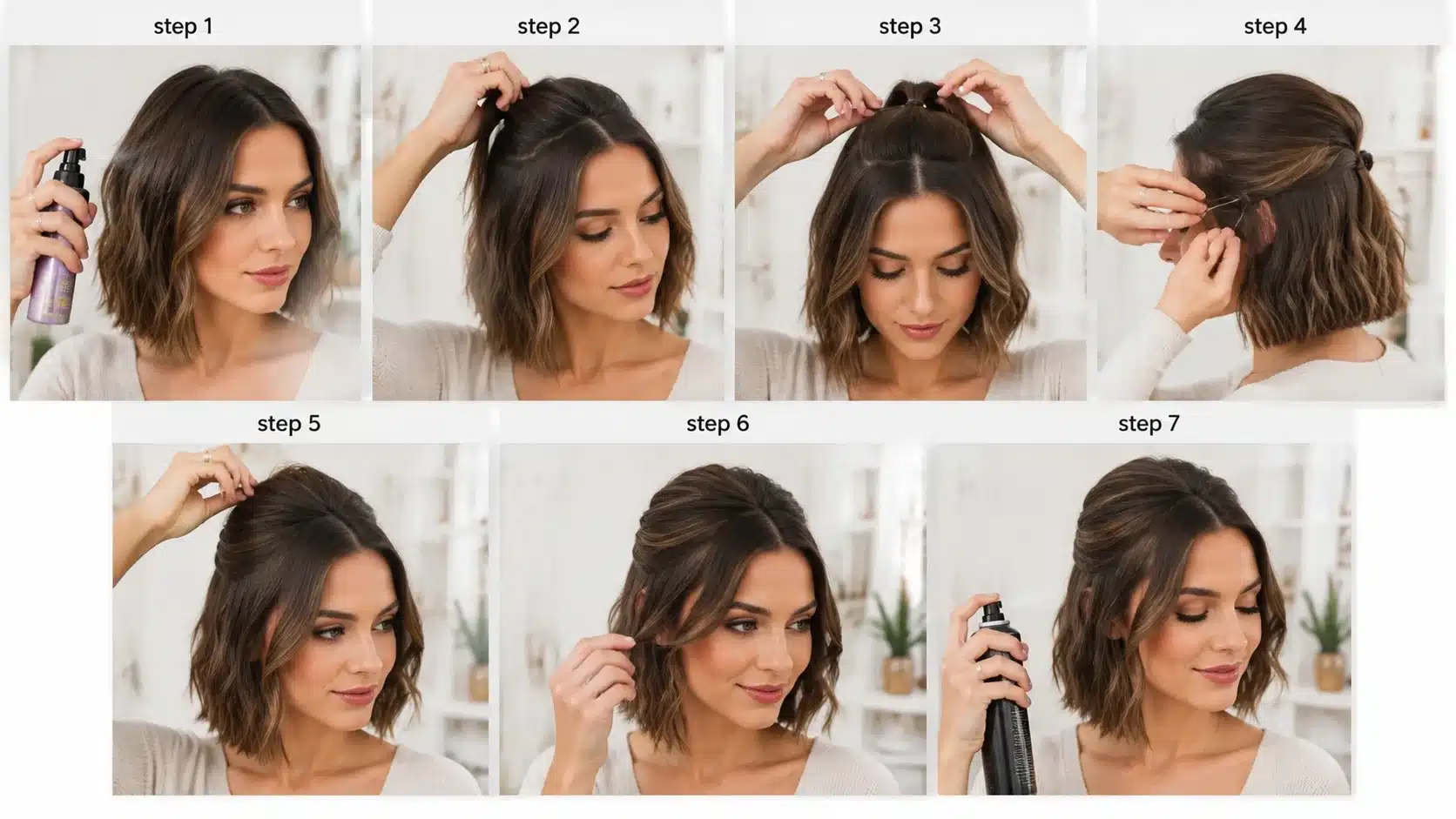 step by step half up hairstyle on short bob hair with american model styling tutorial process guide