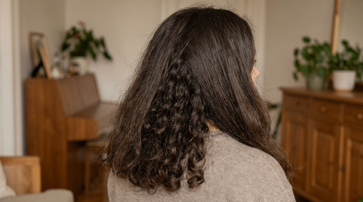 straight frizzy top hair layer covering natural Irish curls underneath with mixed hair texture