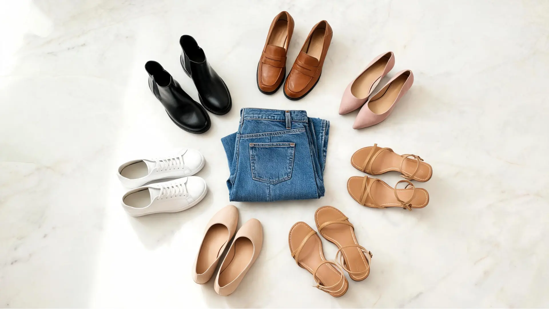 Straight-leg jeans surrounded by loafers, sneakers, boots, flats, and sandals on a light background.