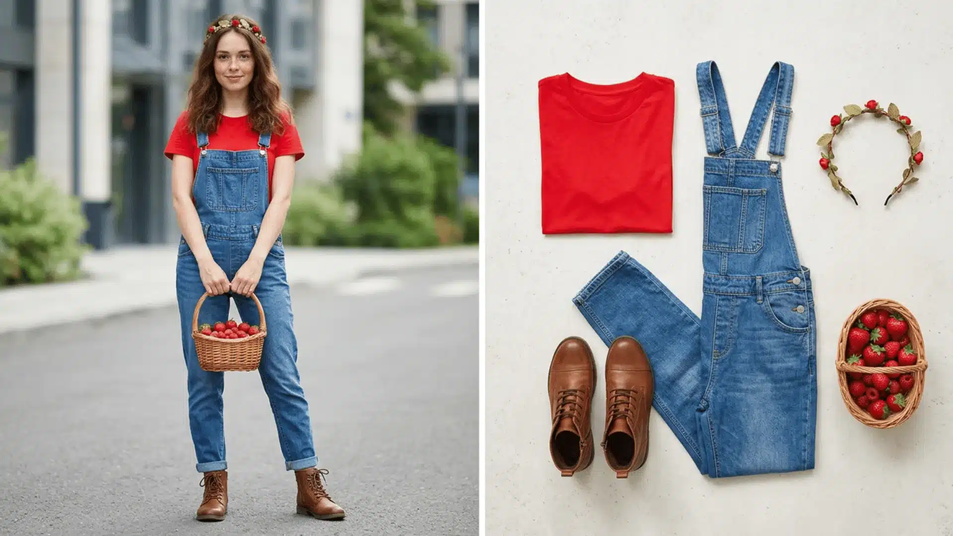 Strawberry farmer costume with overalls, red shirt, leaf headband, and fruit basket