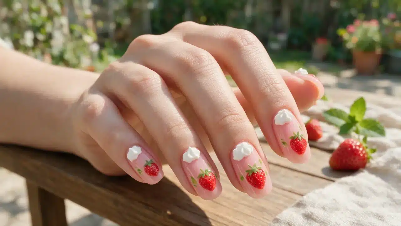 strawberry shortcake nails with tiny strawberry cream artwork details