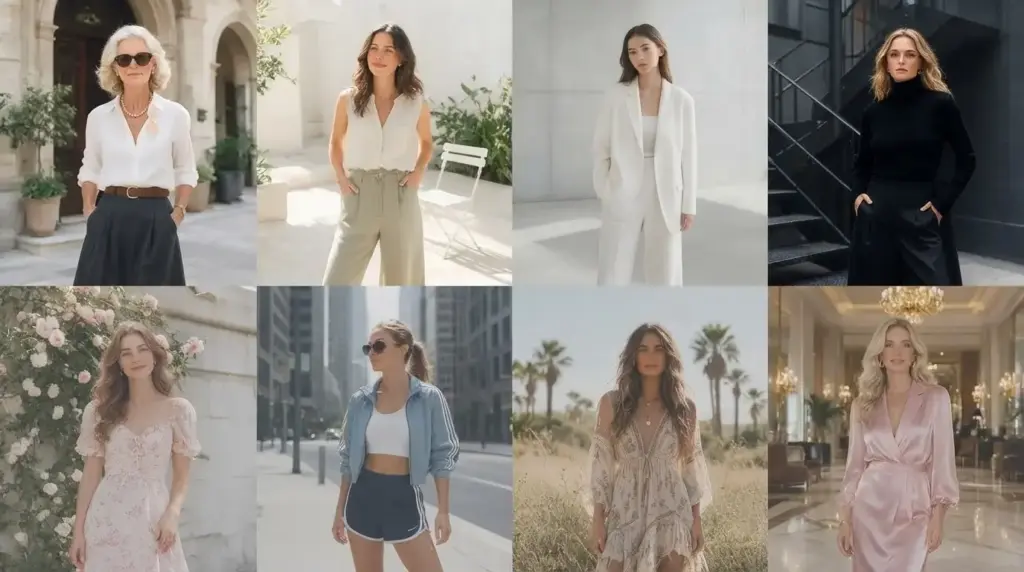 style archetypes collage with women wearing classic romantic minimalist and bold outfits
