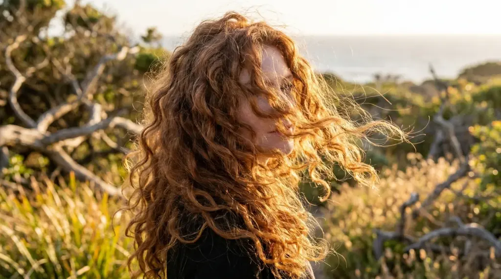 styled Irish curls flowing in the wind with natural volume outdoors during golden hour