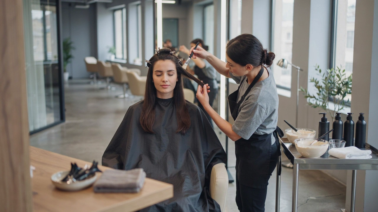 stylist applying a salon hair treatment to a womans sectioned hair with professional products nearby