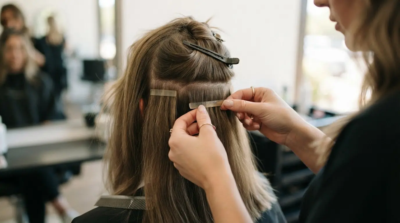 stylist applying flat tape in extension wefts around a thin section of natural hair close to the roots