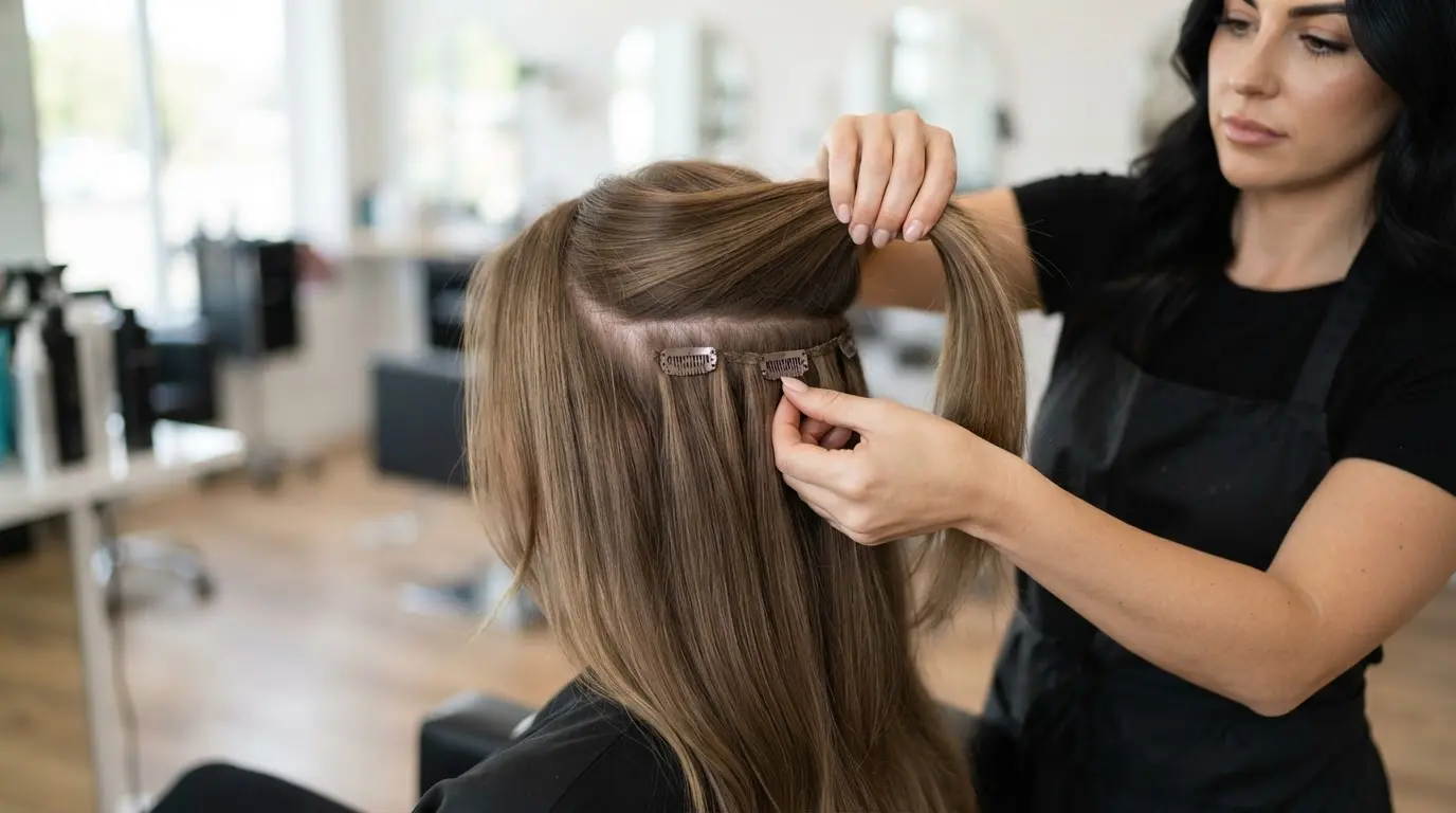 stylist attaching clip in hair extension weft beneath sectioned natural hair using small pressure clips