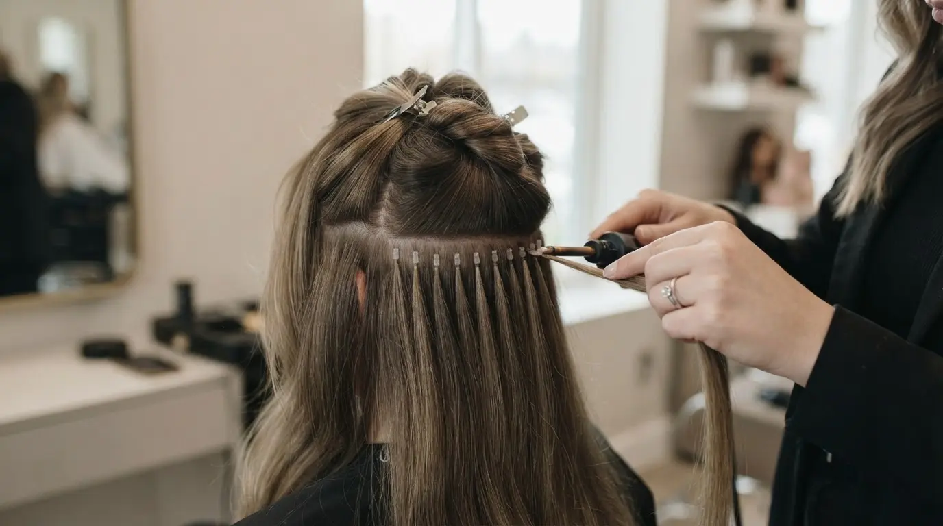stylist attaching individual fusion hair extension strand near the root with a small keratin bond and heat tool