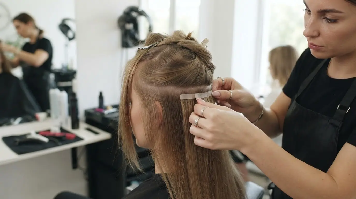 stylist installing flat tape in extensions on fine hair with discreet adhesive tabs close to the scalp