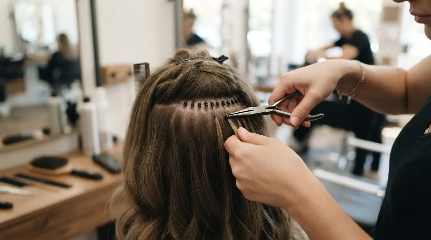 stylist securing individual micro link hair extension strand near natural roots with a small bead and pliers