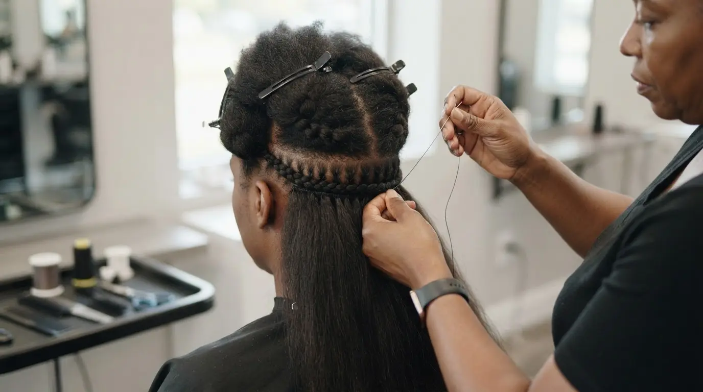 stylist sewing a hair extension weft onto a neat braided row close to the scalp using thread and needle