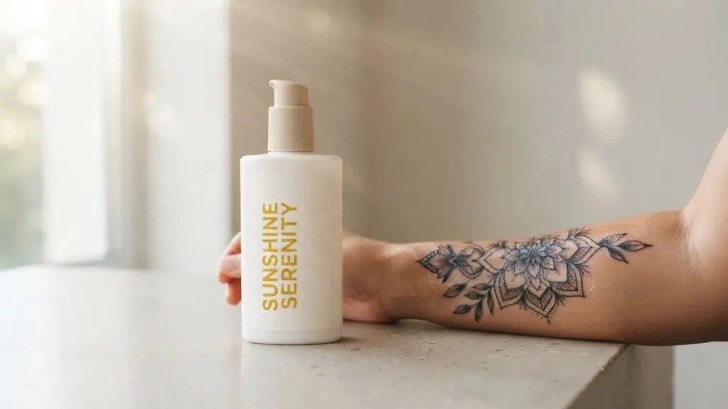 sunscreen-bottle-beside-a-tattooed-arm-for-sun-protection-care