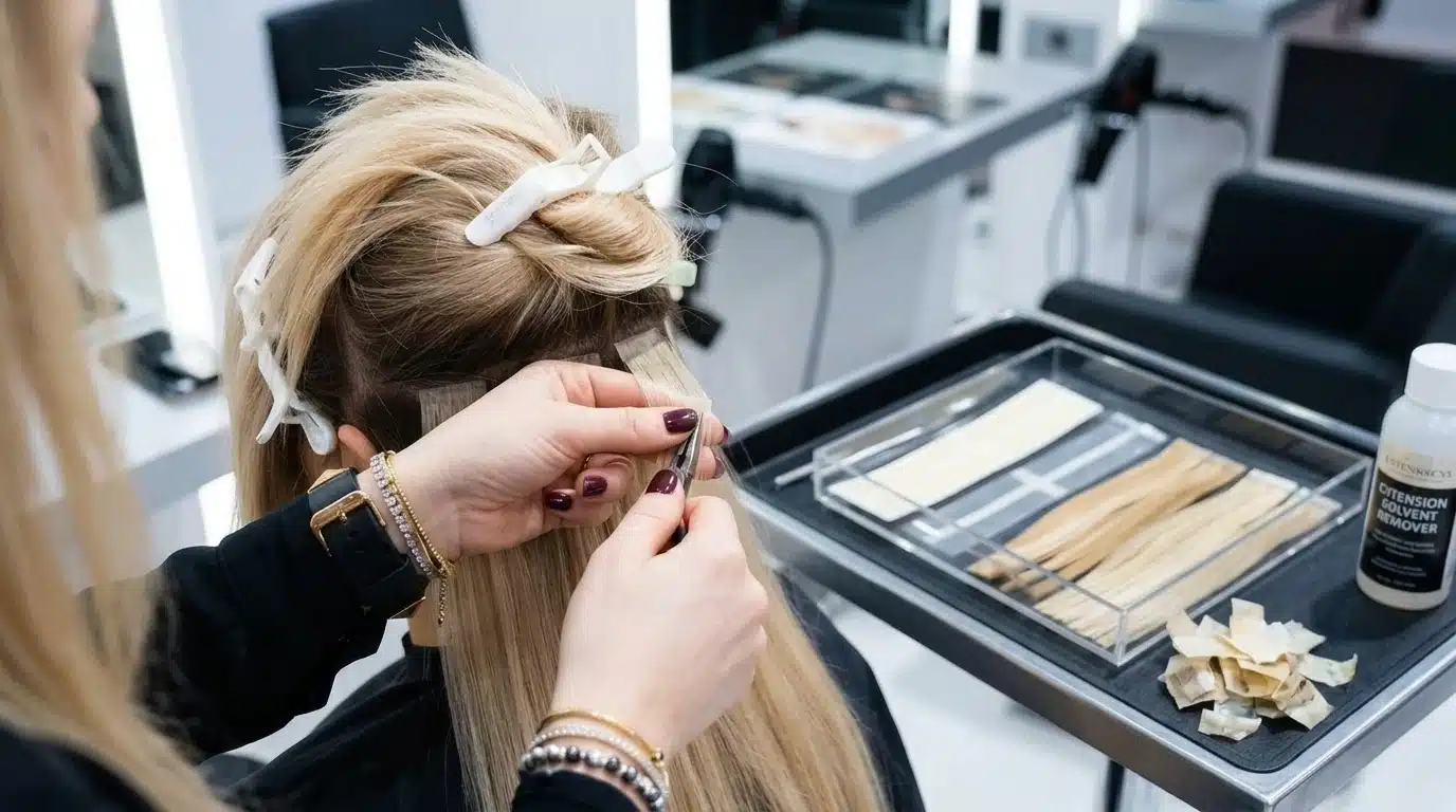 tape in hair extensions application process with maintenance details and natural hair blend infographic
