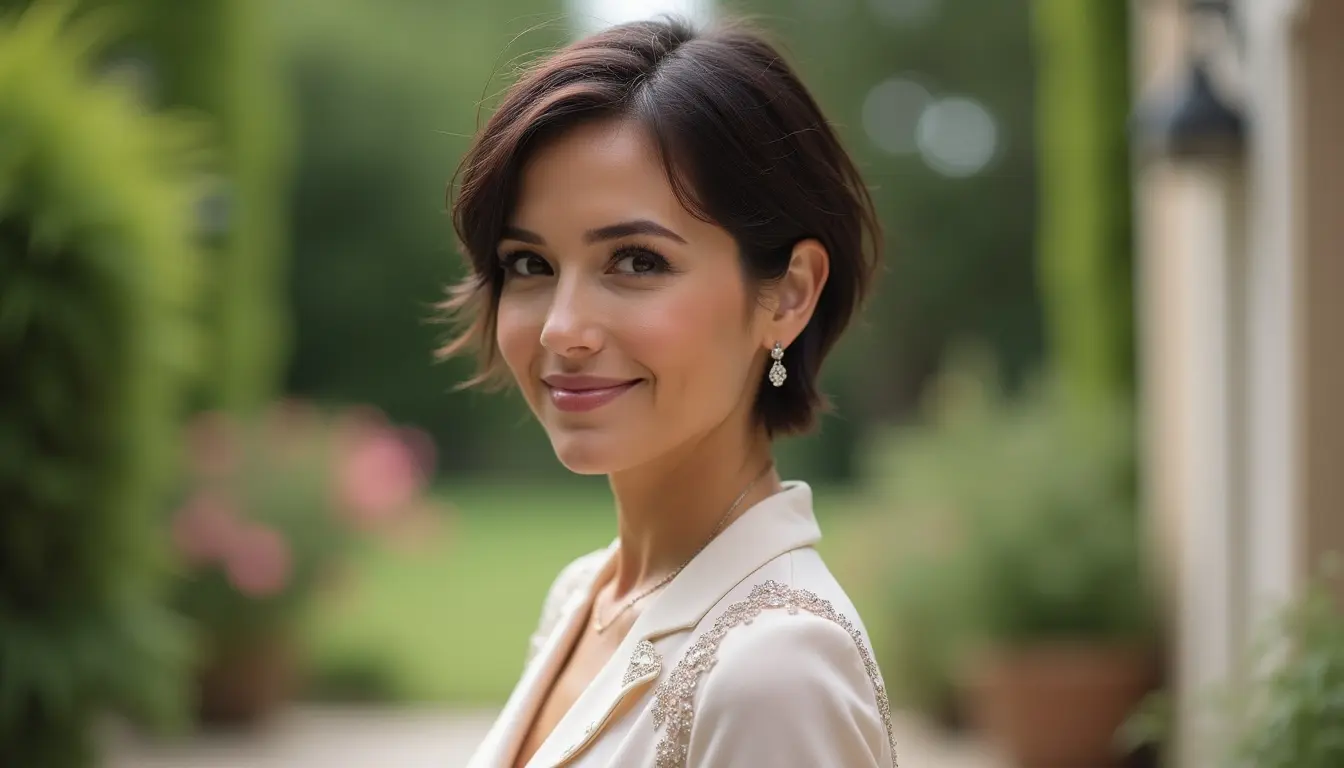 tapered pixie bob haircut with textured top layers for wedding guest style