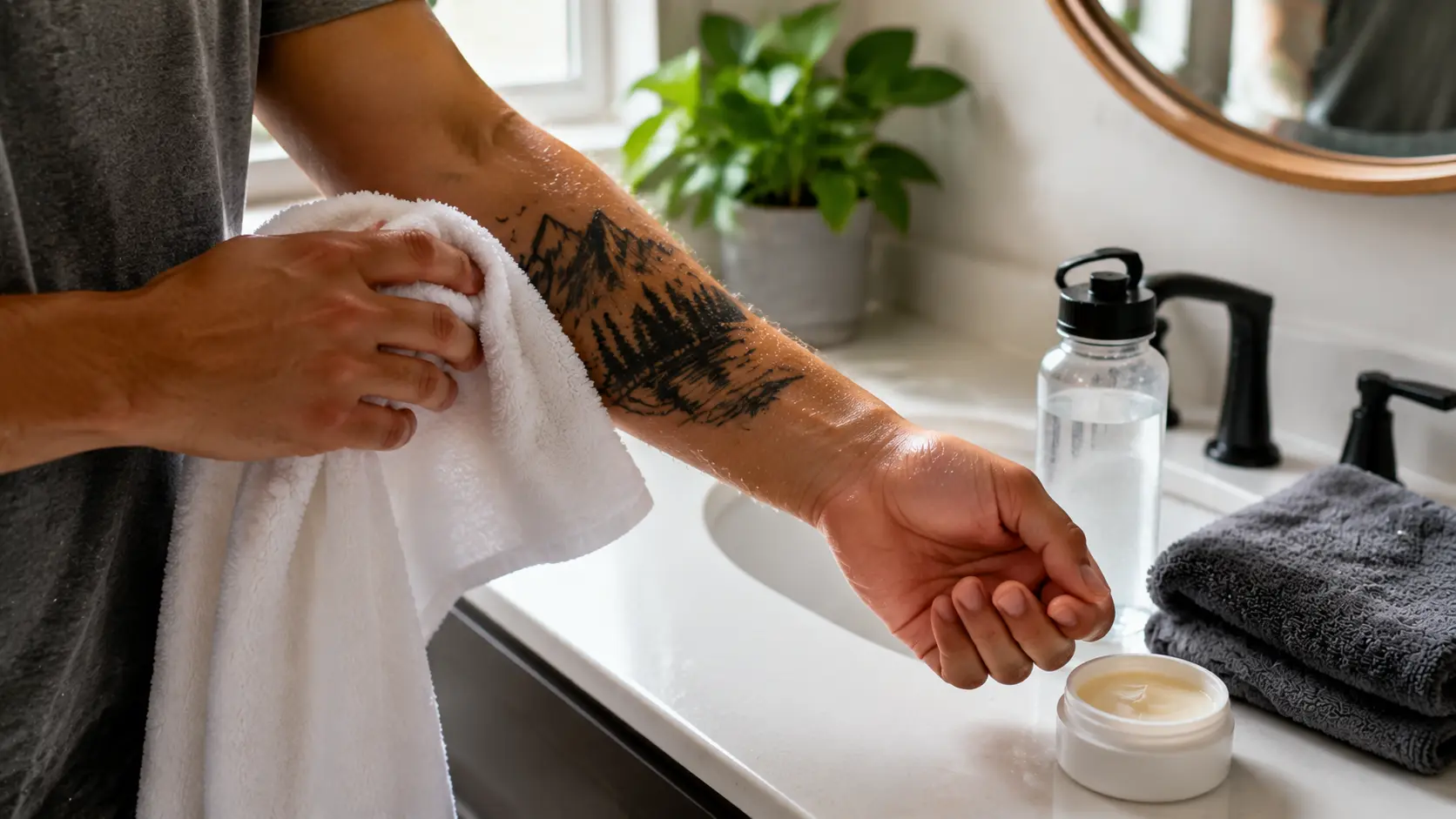 tattoo aftercare items with towel and moisturizer