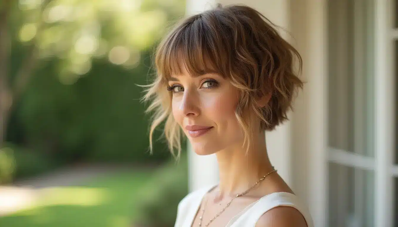 textured pixie bob haircut with soft layers and natural volume for wedding guest style