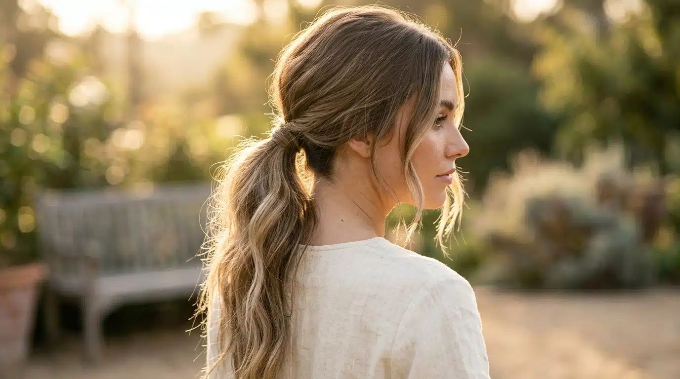 textured low ponytail with soft waves and loose strands for natural volume