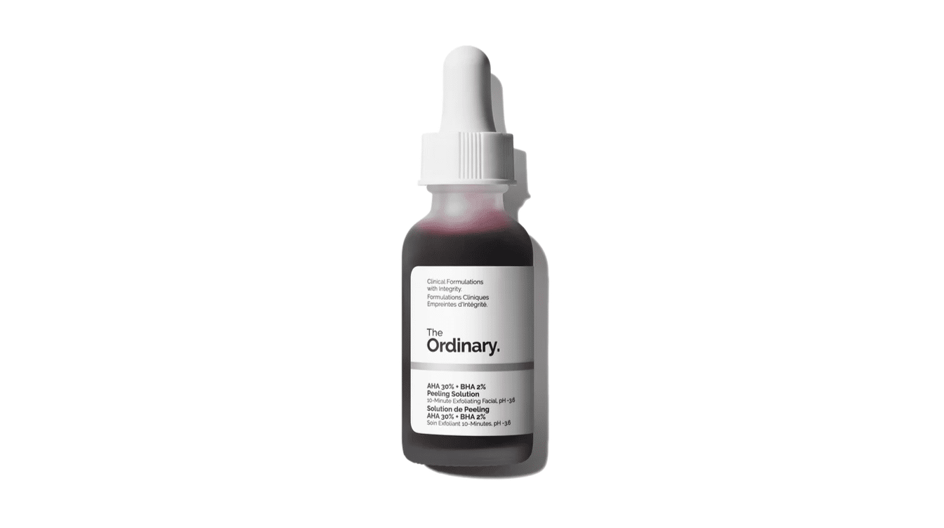 the ordinary aha bha peeling solution bottle on white background