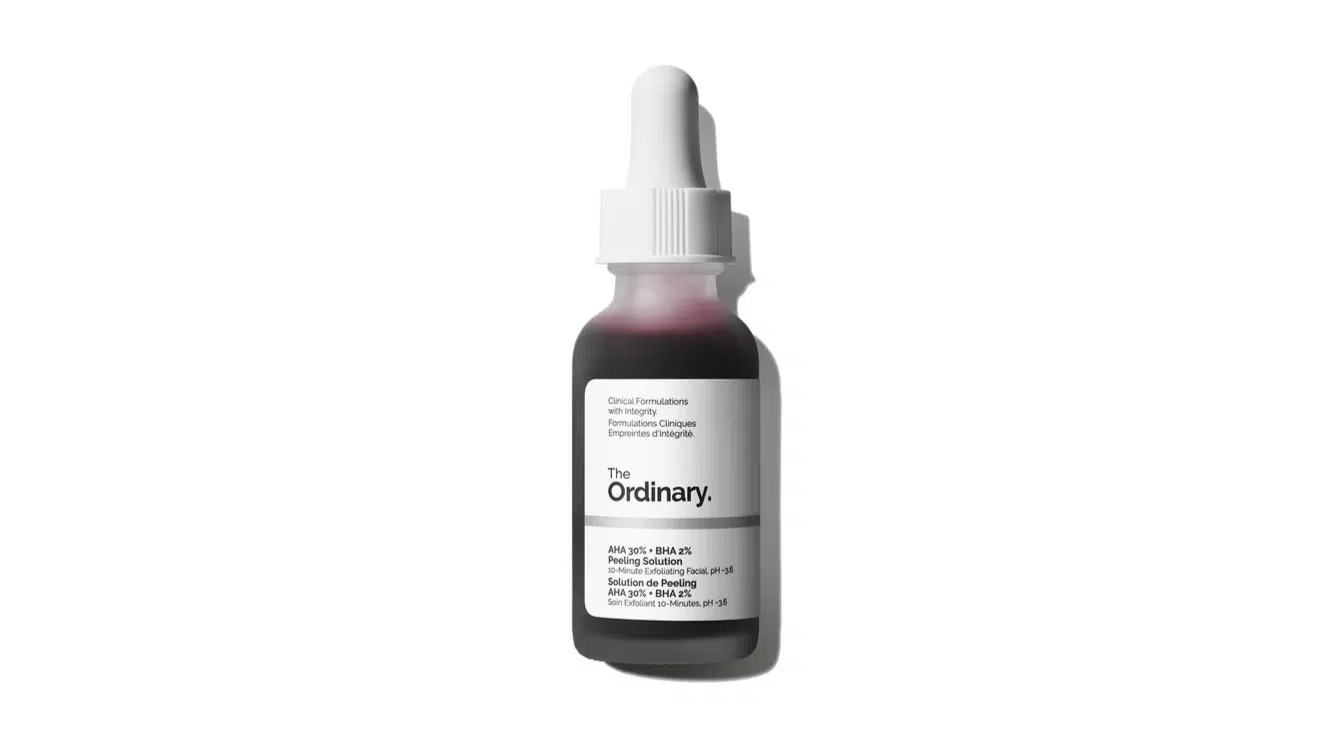 the ordinary aha bha peeling solution bottle on white background