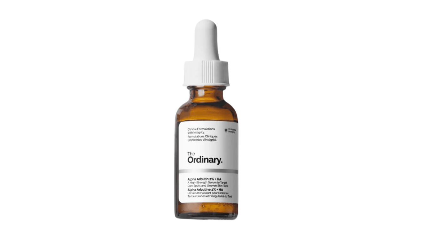the ordinary alpha arbutin ha serum bottle on white background