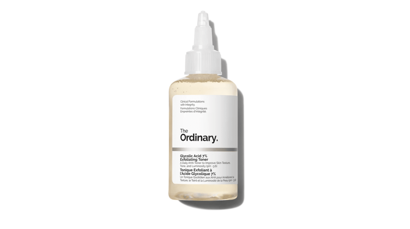 the ordinary glycolic acid exfoliating toner bottle on white background