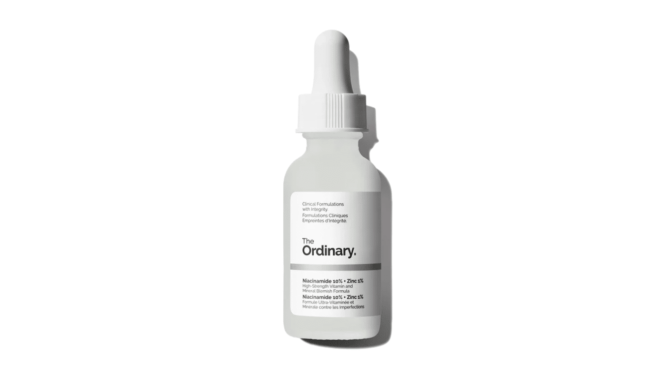 the ordinary niacinamide zinc serum bottle on white background