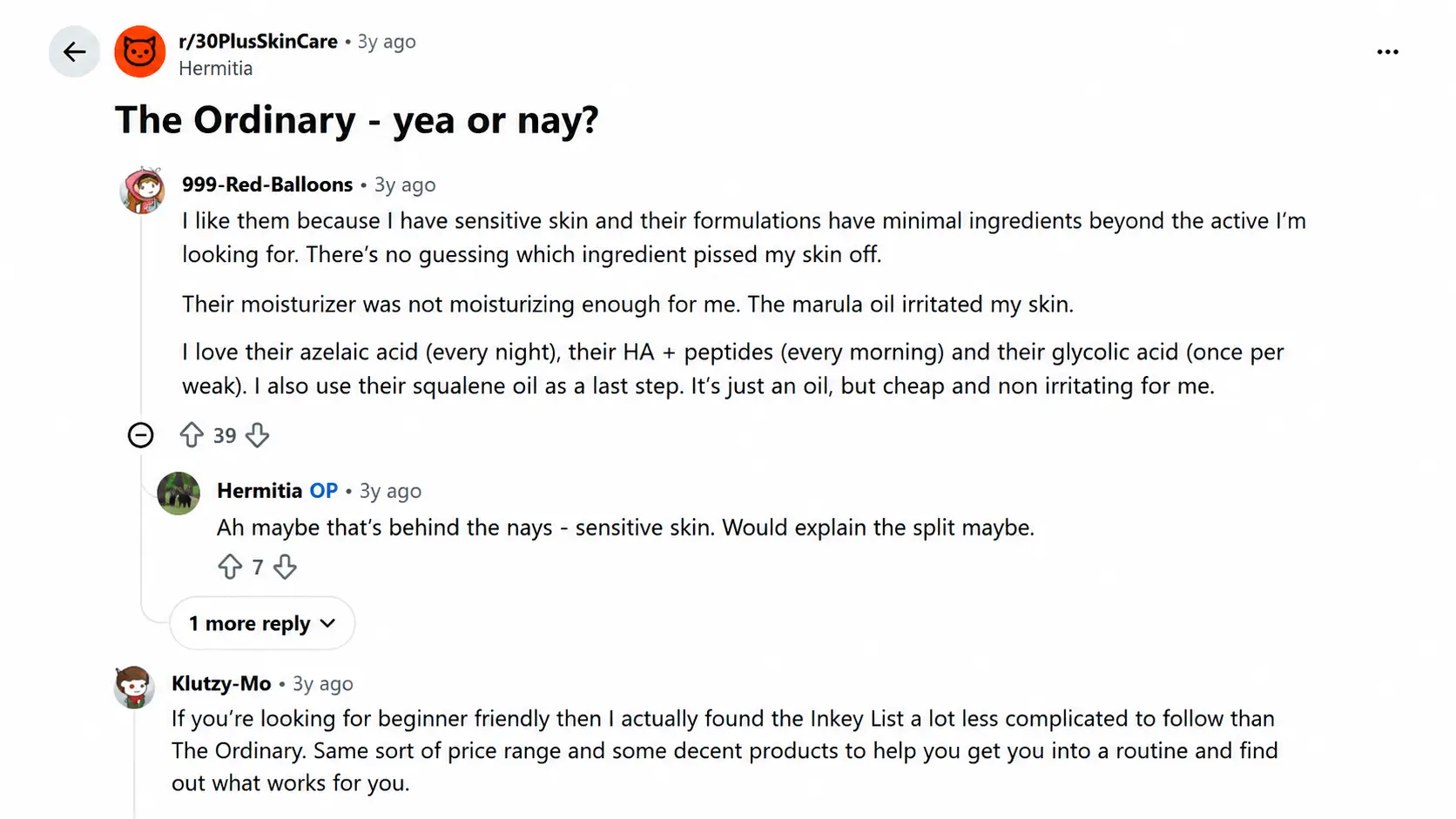 the ordinary reddit discussion showing skincare users sharing reviews and opinions about products